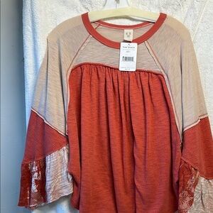 Free People Orange Ruffled 3/4 Sleeve Blouse